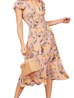 Reformation Pink Floral Riegan V-Neck Midi Dress